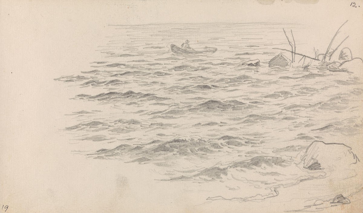 Båt med figur og drivved ved kysten 1862