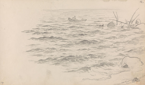 Båt med figur og drivved ved kysten 1862