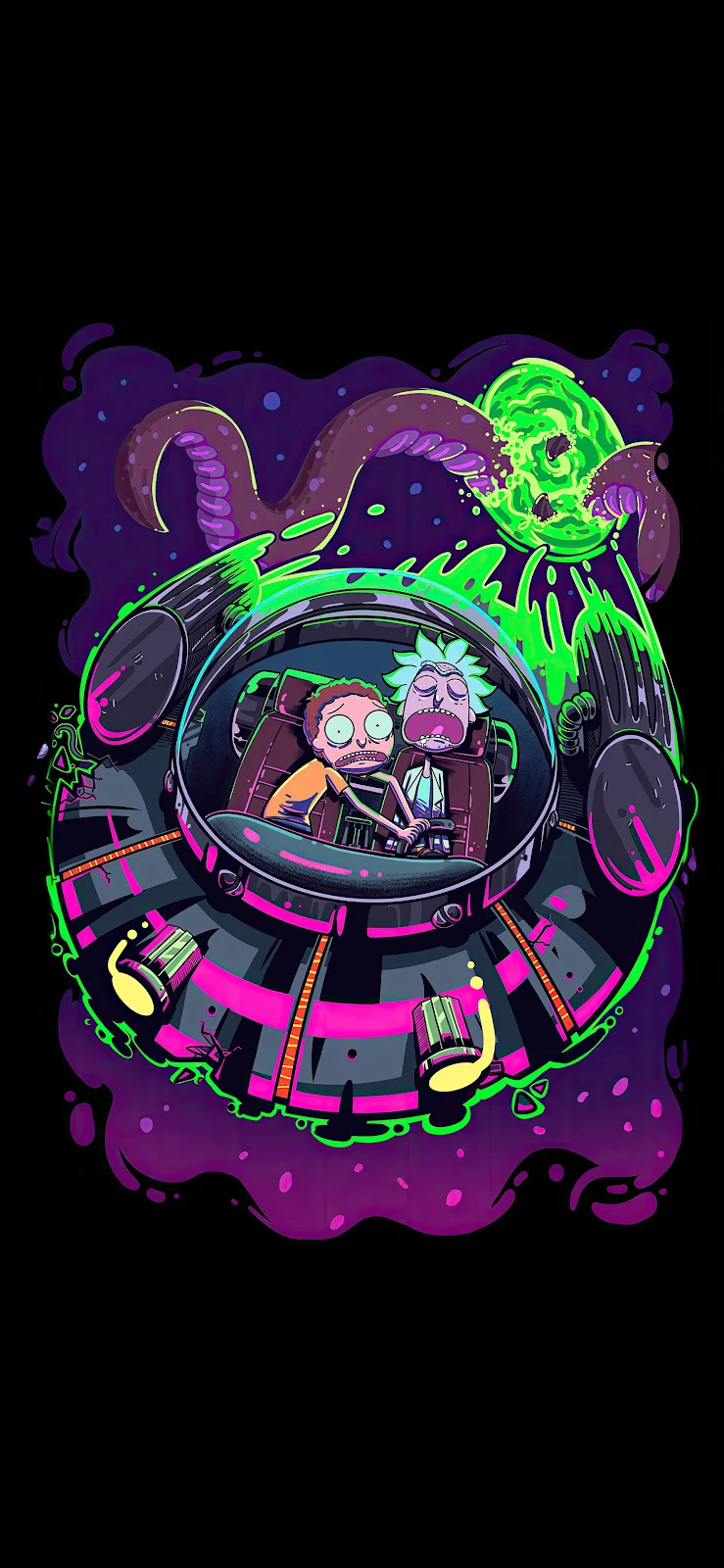 Rick And Morty Space Adventure - Neon Digital Illustration 2K iPhone Wallpaper (1772x3839)
