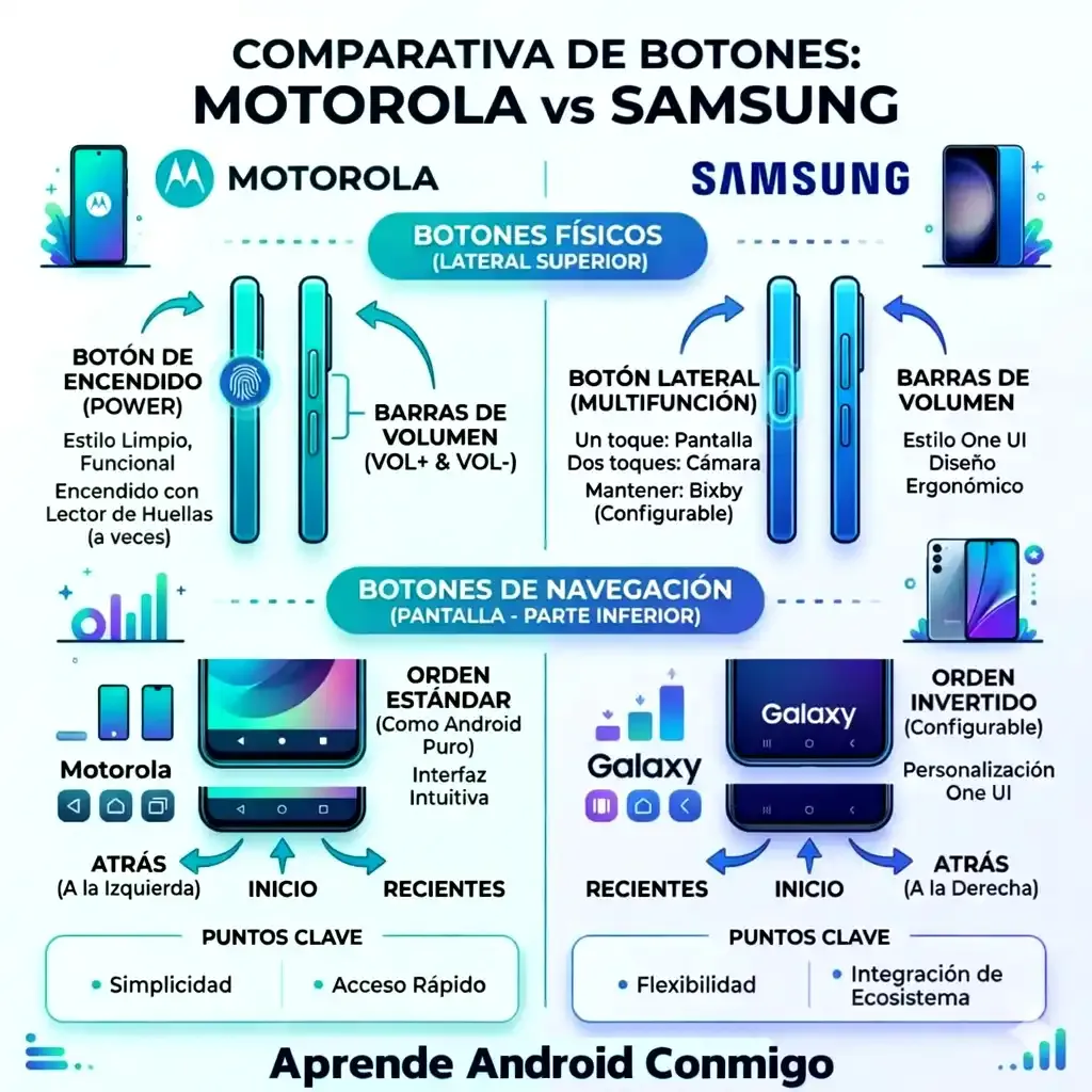 Infografía comparativa de botones físicos y de navegación en pantalla entre teléfonos Motorola y Samsung, realizada por Aprende Android Conmigo.