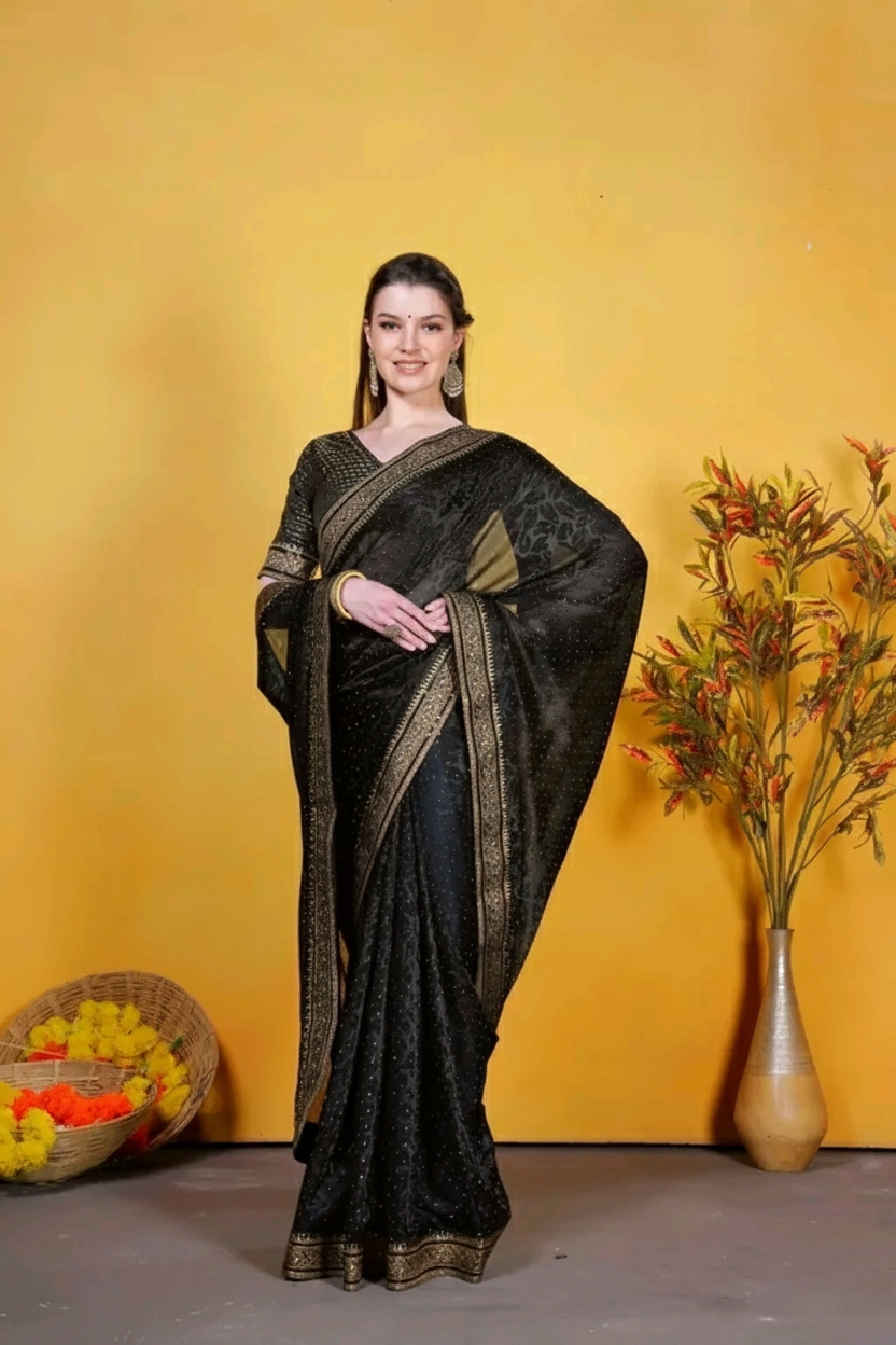 Party wear saree for women and girls with sequin  lace border and blouse piece farewell saree for girls