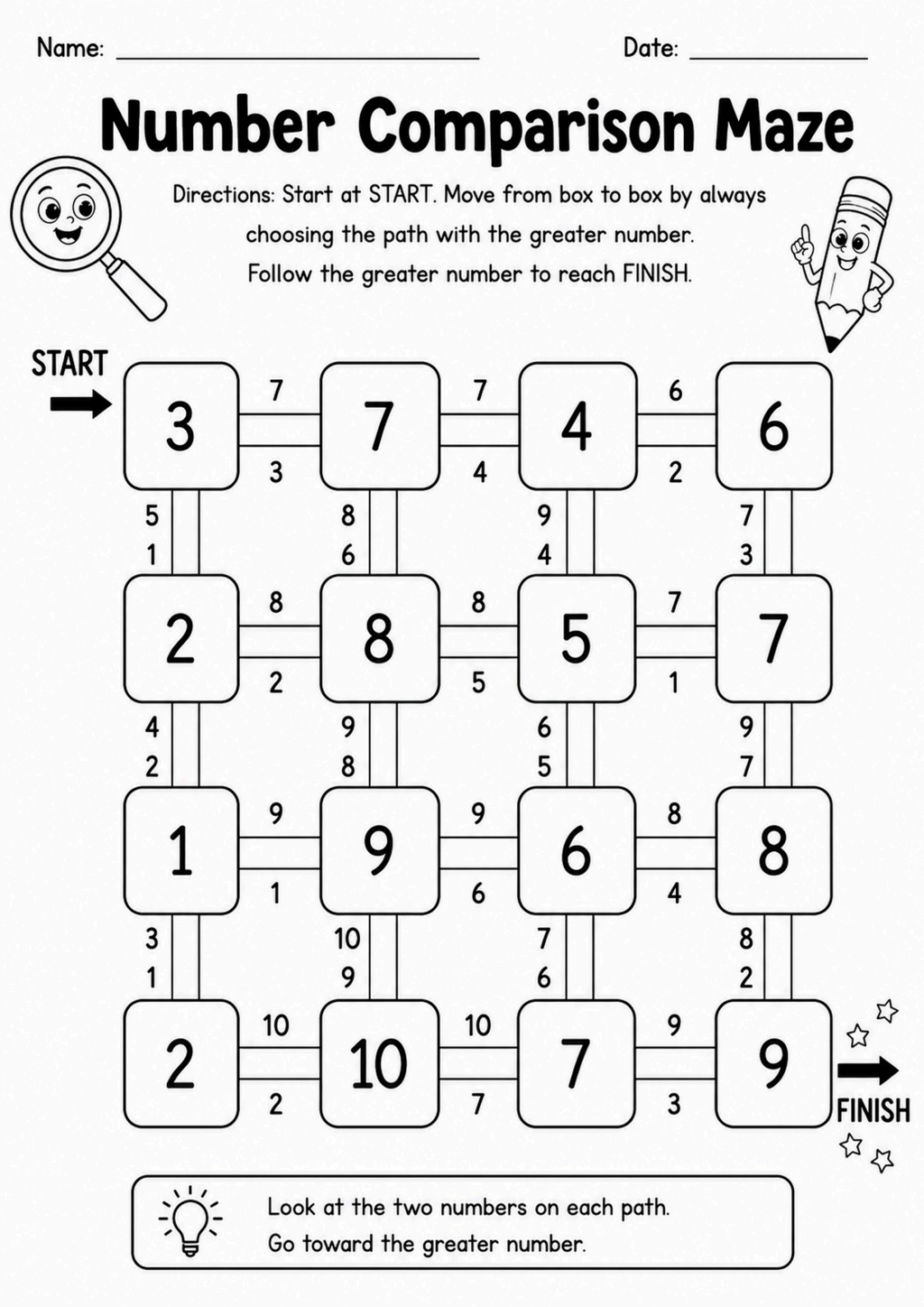 Number Comparison Maze Worksheet