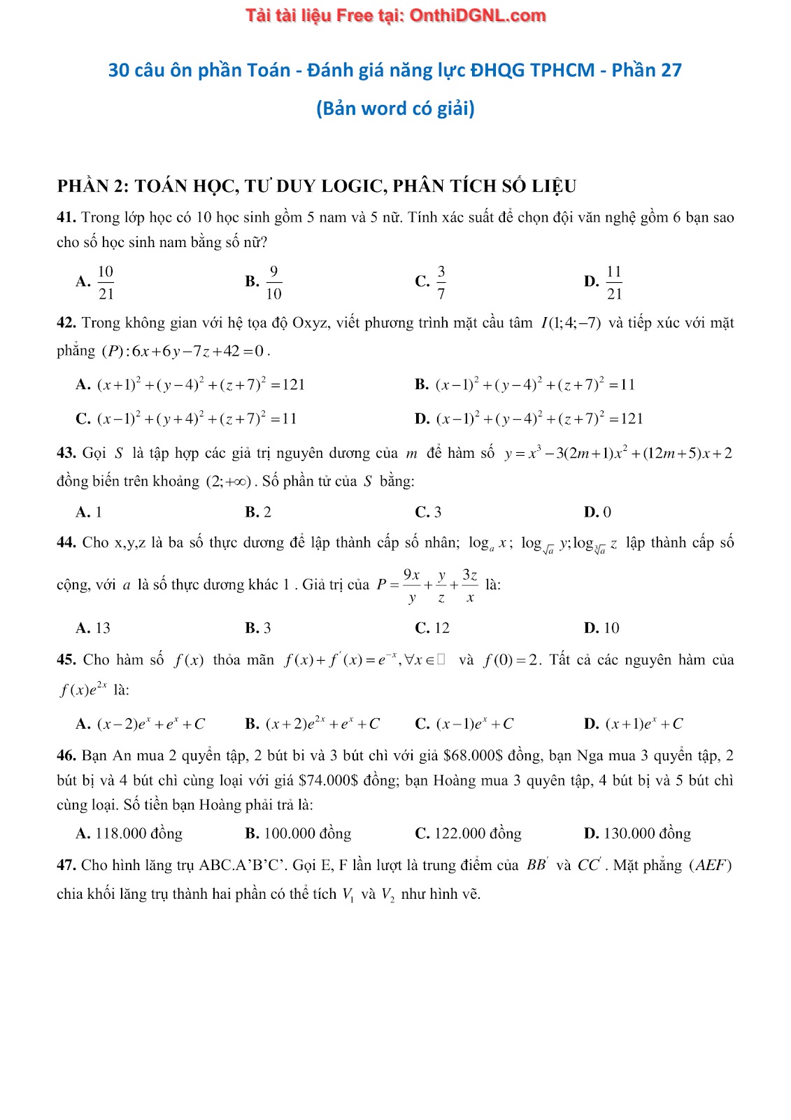 900 bài tập môn Toán - Ôn thi ĐGNL ĐHQG TP HCM Phần 27
