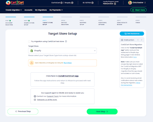 The 'Target Store Setup' page, displaying the migration wizard's third step. It shows the Shopify platform selected, prompts for store type selection, and includes a button to install the Cart2Cart app. The right sidebar provides detailed instructions for the migration process, specifically for Shopify users.