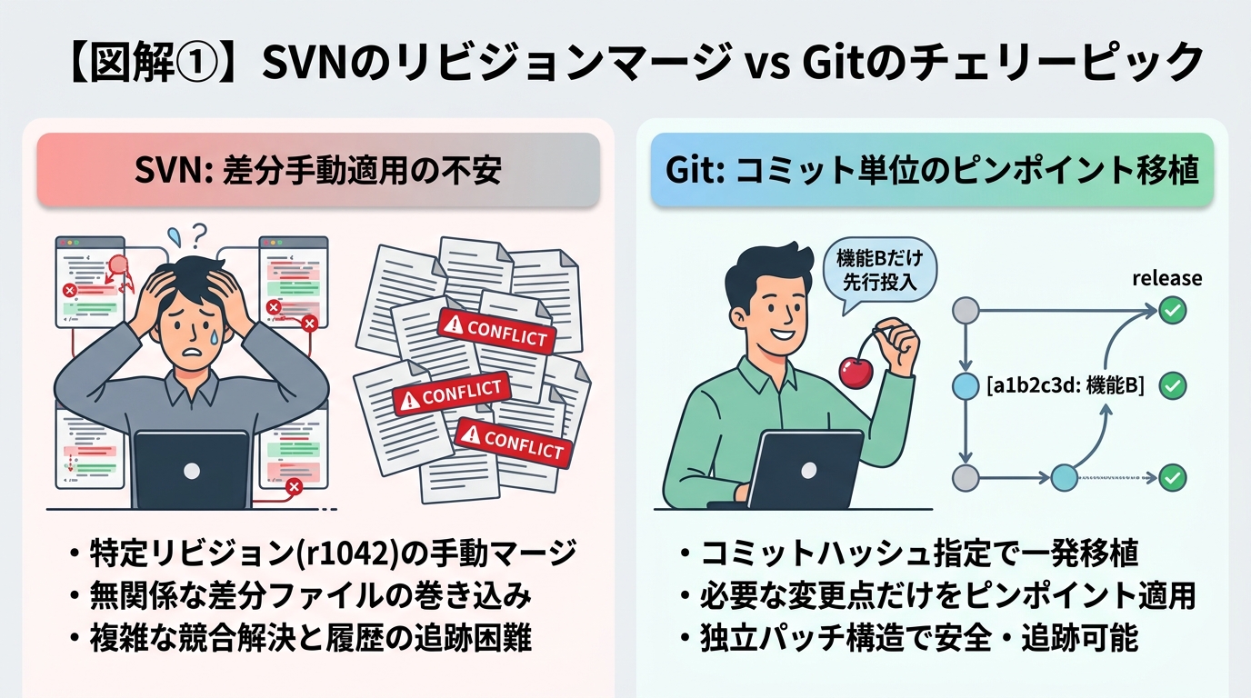 SVNリビジョンマージ vs Gitチェリーピック