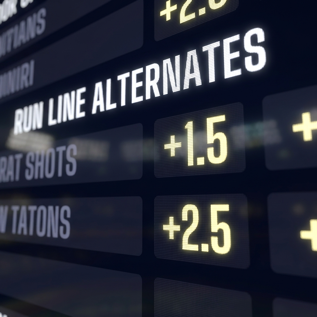 Close up of digital odds board showing runline calculator alternates with highlighted +1.5 and +2.5 on dark Funded Plays style background