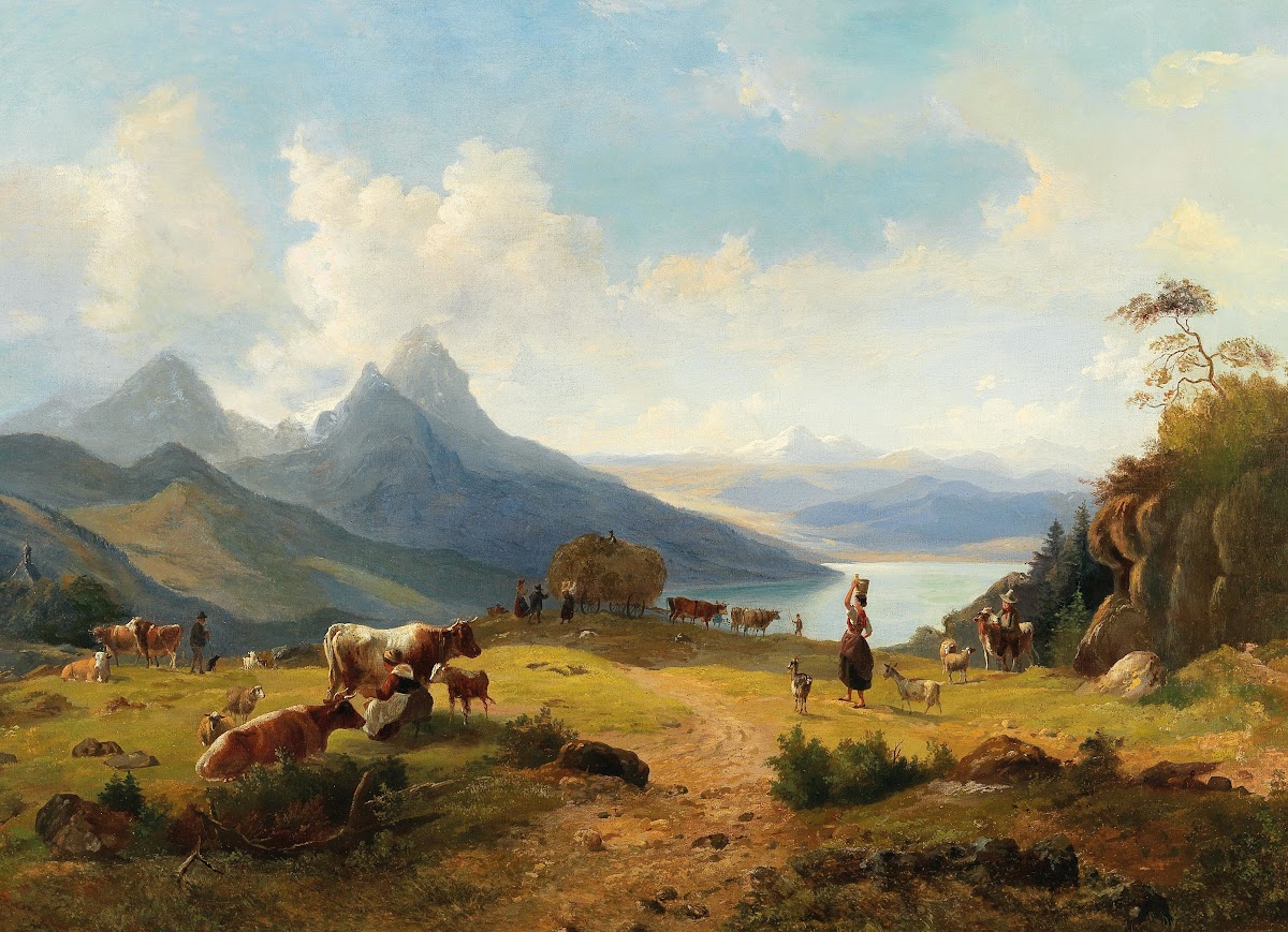An Idyllic Mountain Landscape with a Herd of Animals and Shepherds