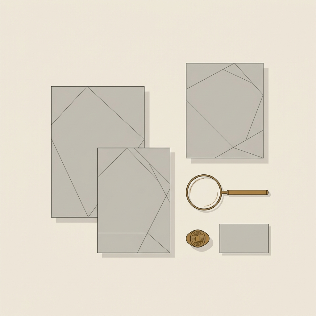 Top down 2D vector flat lay showing a curator desk with an ancient greek signet ring beside a blank provenance card and tidy catalog pages on a neutral background