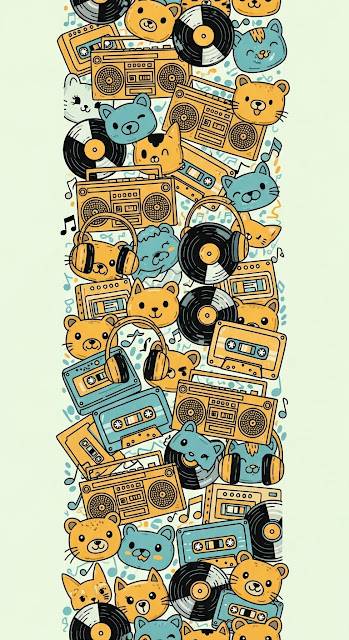 Vertical Seamless Pattern of Retro Music Icons and Cute Cartoon Animals in Yellow and Blue - Free mobile Wallpaper