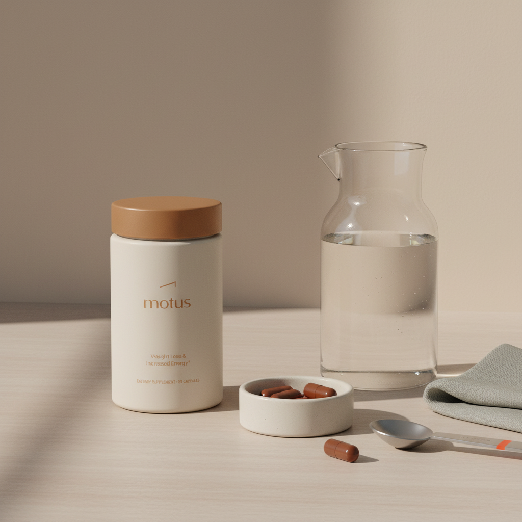 Tonum Motus supplement bottle on a wooden surface with measured capsules and a glass carafe of water, minimalist health scene for best weight loss tablets