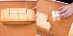 Cắt bánh thành hình khối vuông có độ dài cạnh khoảng 3-4cm, tiếp đến cắt những khối vuông đó làm đôi.