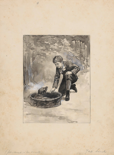 Jongen knielt bij een hond in een mand 1870   1937