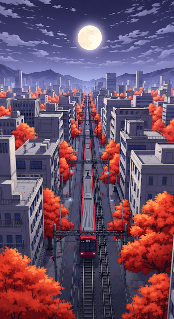 Anime City Street with Autumn Trees and Full Moon Train - Free mobile Wallpaper