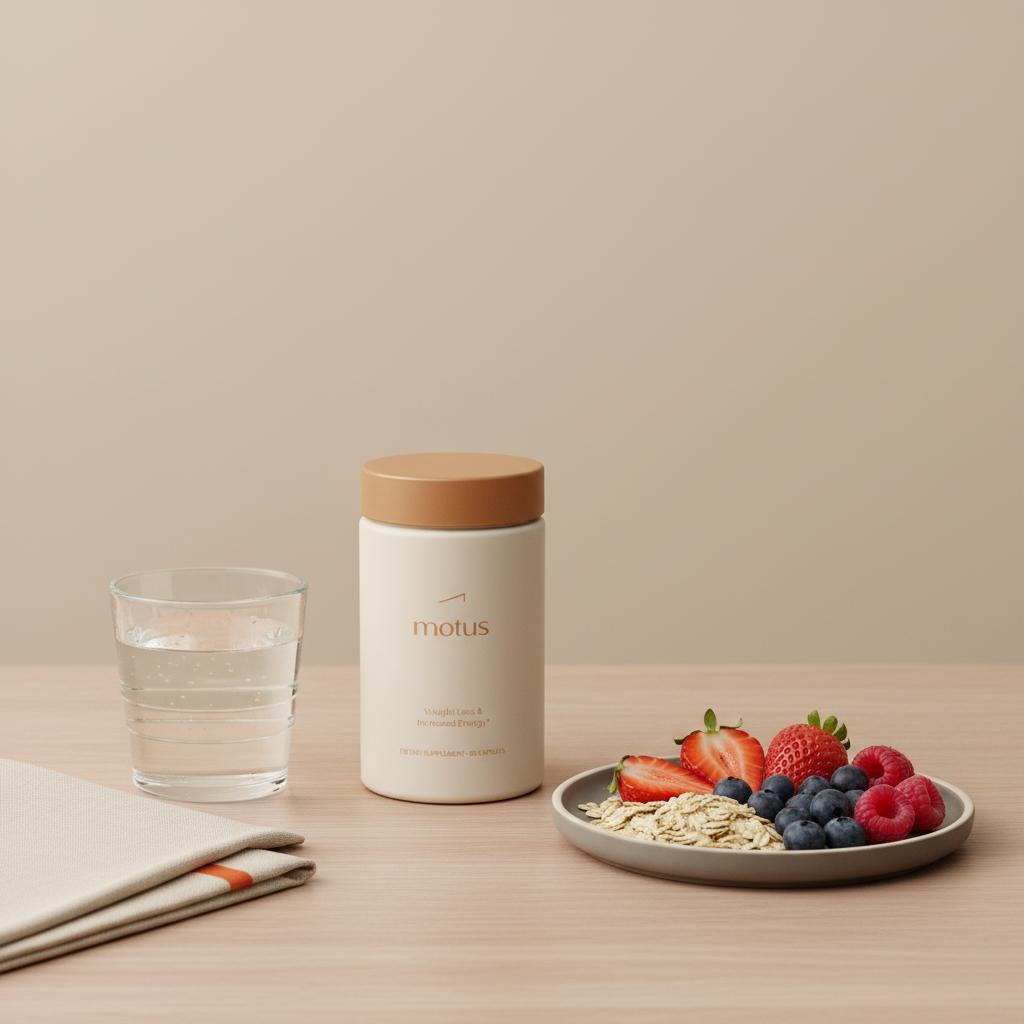 Tonum Motus supplement container centered on a wooden table with a plate of berries, oats and a glass of water, illustrating metabolic flexibility.