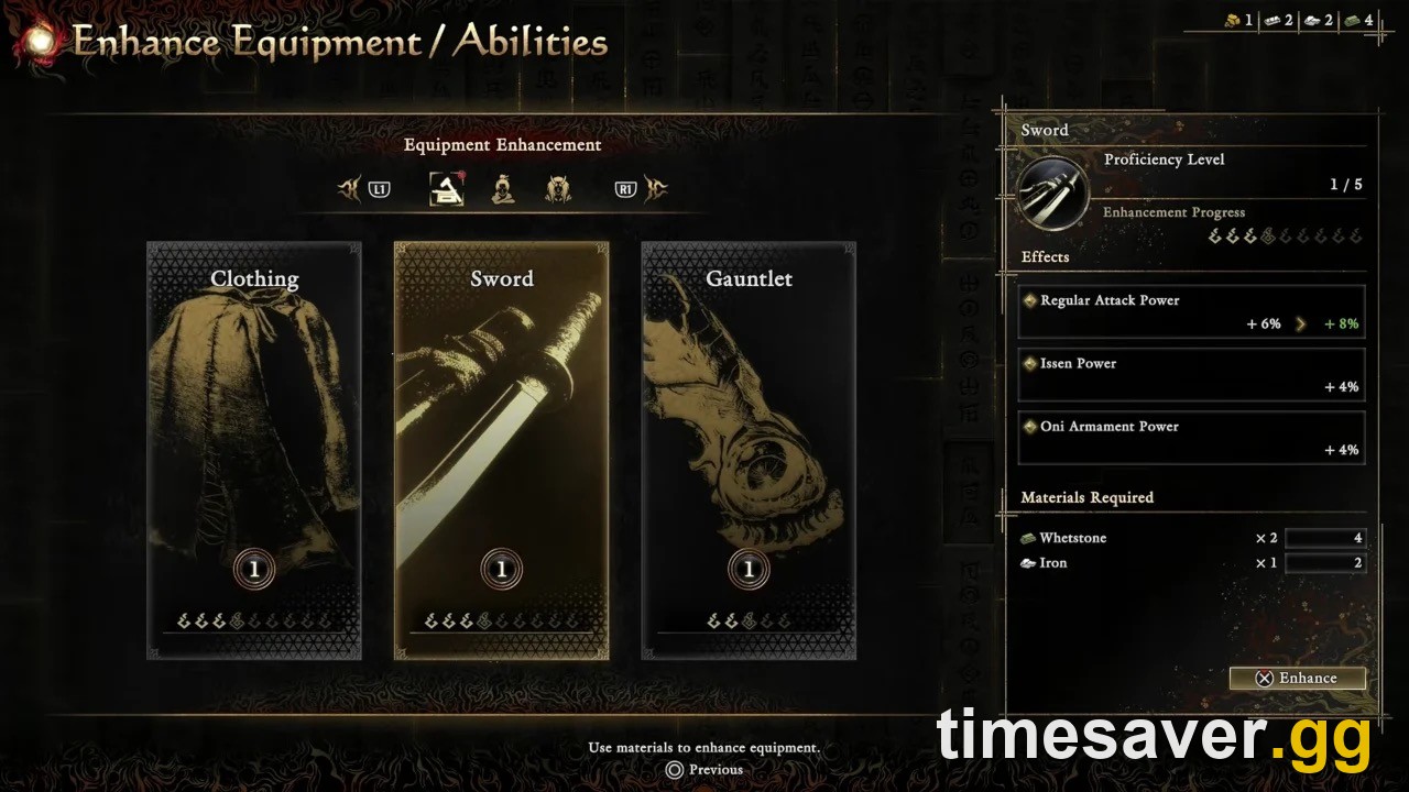 The Enhance Equipment menu in Onimusha: Way of the Sword showing a sword upgrade preview and material costs