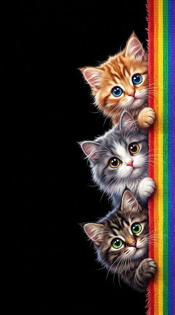 Fluffy Cats Peeking from a Rainbow Strip on the Right Margin - Free mobile Wallpaper
