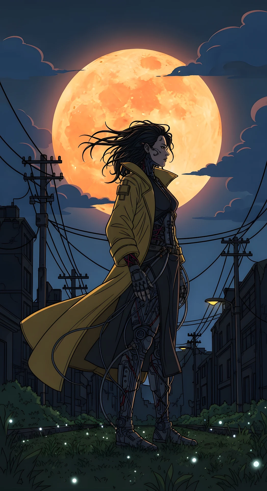 Neon Noir Cyberpunk Vigilante Under Massive Orange Lunar Glow - Free 4K mobile Wallpaper