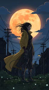 Neon Noir Cyberpunk Vigilante Under Massive Orange Lunar Glow