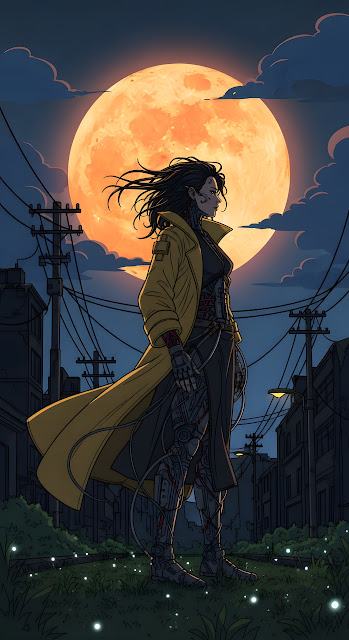 Neon Noir Cyberpunk Vigilante Under Massive Orange Lunar Glow - Free mobile Wallpaper