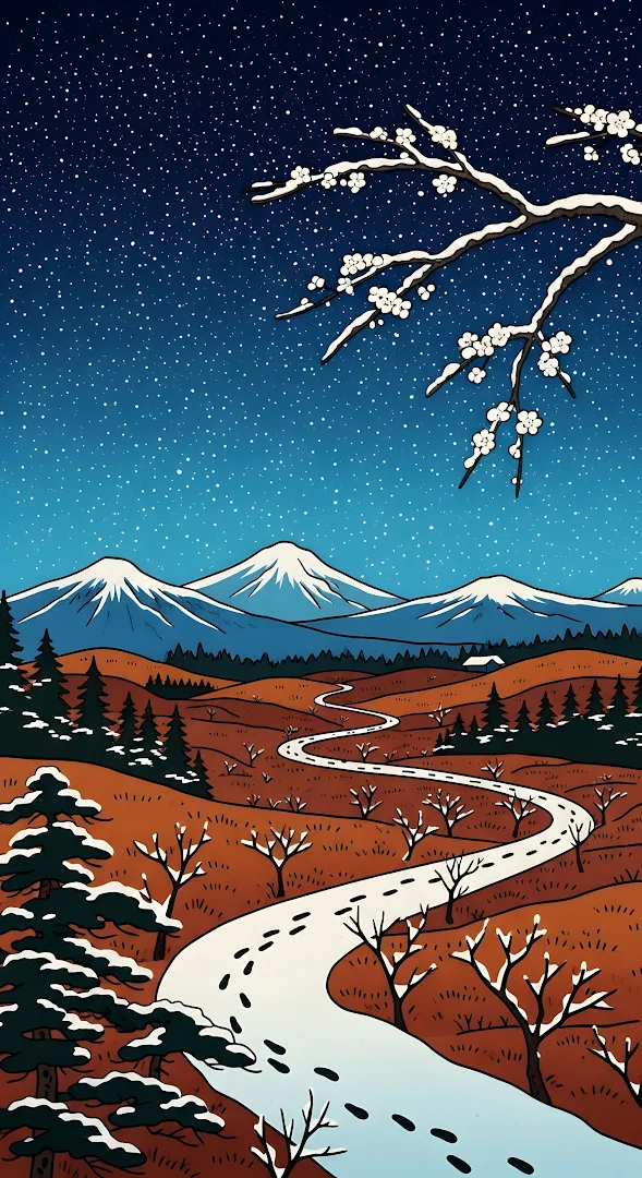 Winter Road to Snowy Mountains under Starry Sky