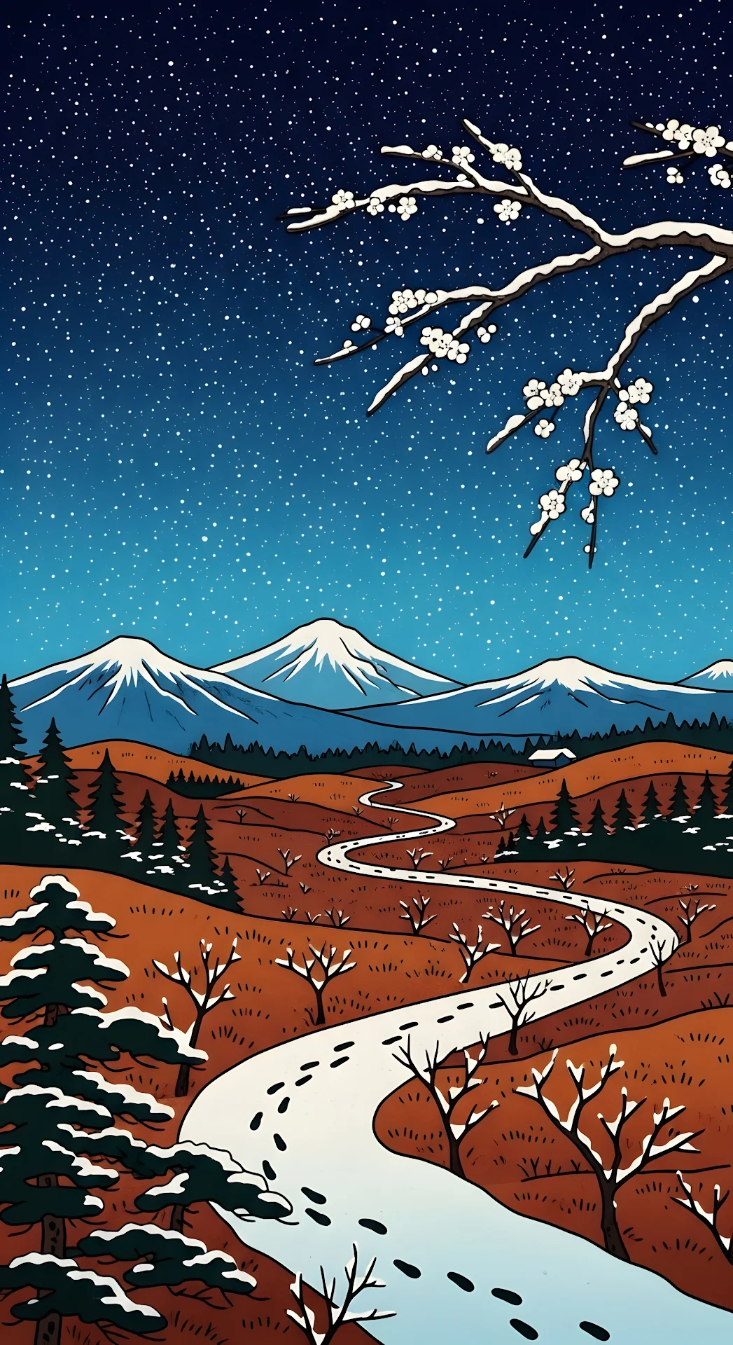 Winter Road to Snowy Mountains under Starry Sky - Free 4K mobile Wallpaper