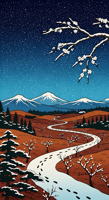 Winter Road to Snowy Mountains under Starry Sky - Free mobile Wallpaper