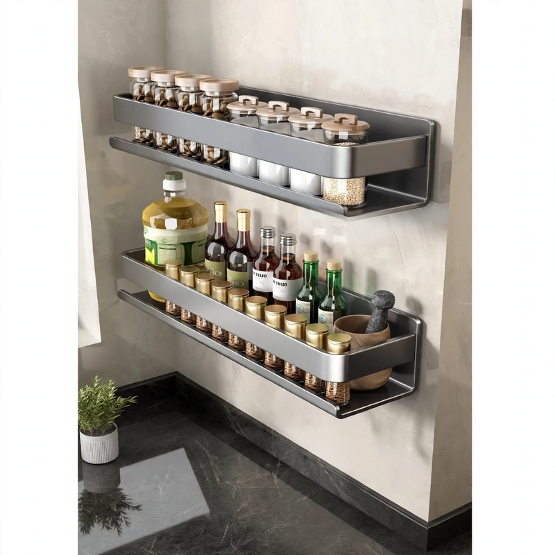 Wall-mounted kitchen shelf made of steel, no drilling required