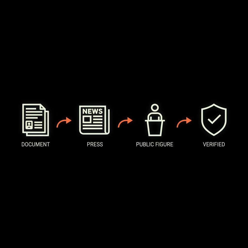 Minimal infographic illustrating the Instagram verification process with document, press article, speaker podium, and shield icons linked by orange arrows on a black background.