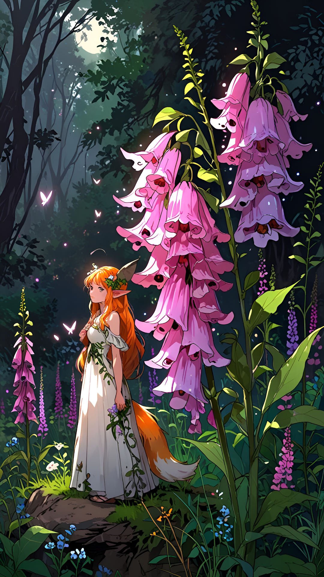 Elf girl in white dress admires giant pink flowers in moonlit forest - Free 4K mobile Wallpaper