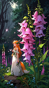Elf girl in white dress admires giant pink flowers in moonlit forest