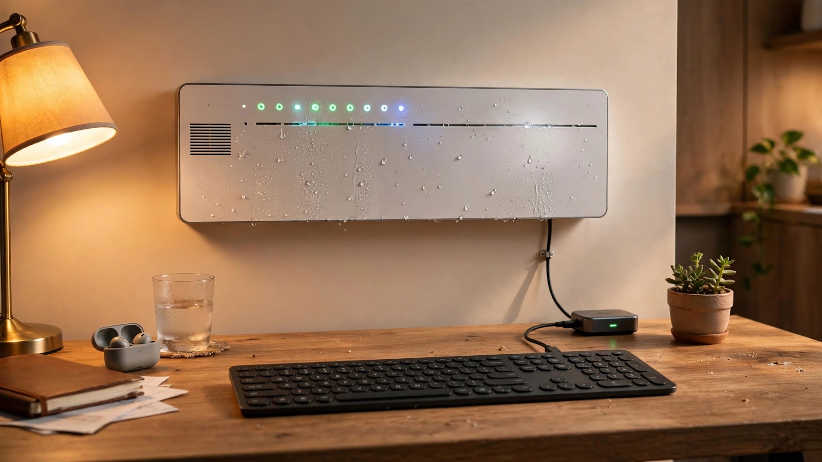 A wireless computer keyboard on a desk powered by humidity-generated electricity from a wall panel