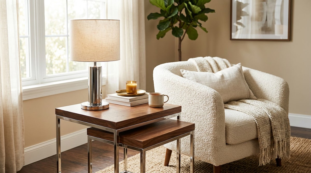 How to Make a Small Living Room Feel Bigger With Chrome Side Tables - sculptural chrome lamp with warm wood bookshelf and chair