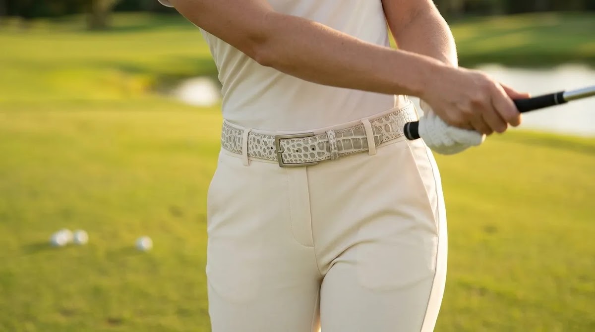 Womens golf belt in pearl textured leather worn comfortably during a practice swing