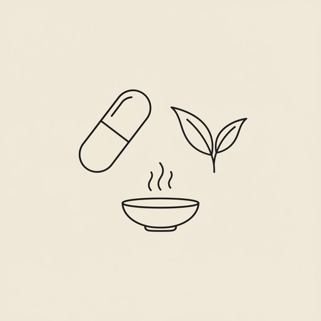Minimal Tonum-style line illustration of a capsule, a green tea leaf, and a bowl of soluble fiber on a beige background, representing stimulant-free fat burners.