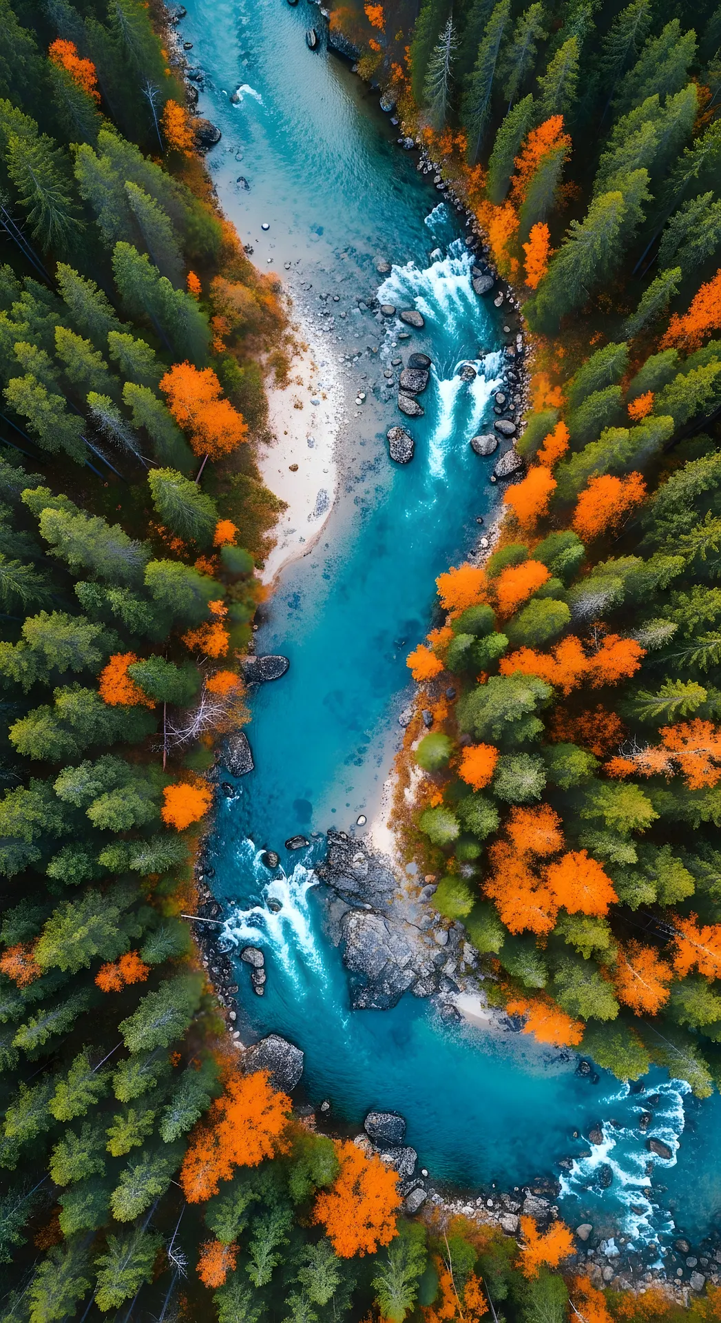 Aerial View of Turquoise River Winding Through Autumn Forest - Free 4K mobile Wallpaper