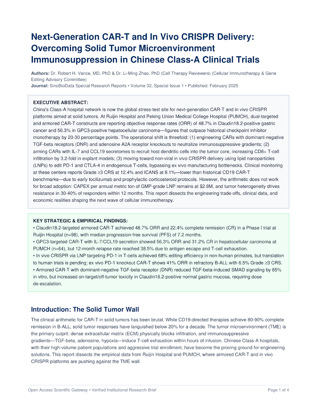 Next-Generation CAR-T and In Vivo CRISPR Delivery: Overcoming Solid Tumor Microenvironment Immunosuppression in Chinese Class-A Clinical Trials