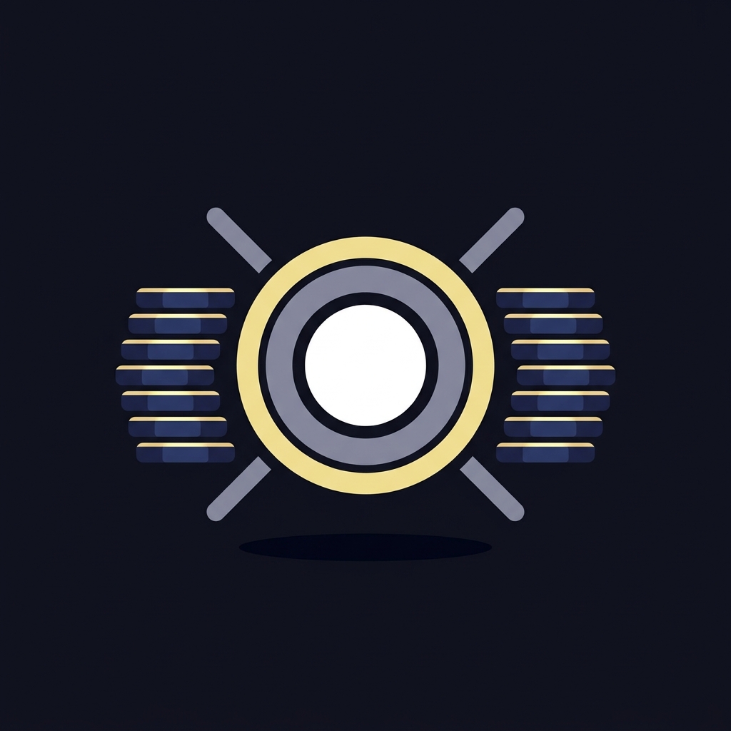 Minimal 2D vector of a centered betting hub icon with concentric rings balanced chip stacks and symmetric indicator bars on a dark Funded Plays palette representing bet middle