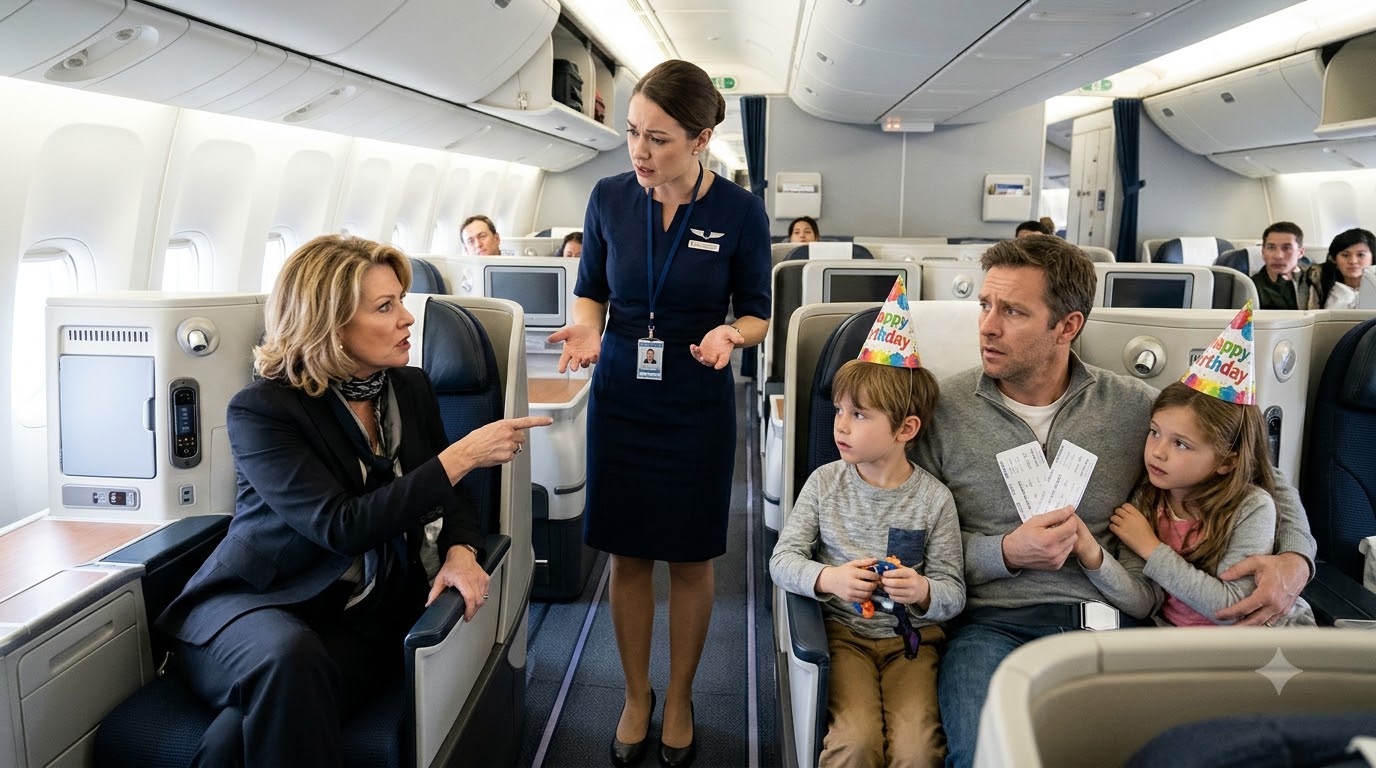 A Woman In First Class Demanded That A Father And His Seven-Year-Old Twins Be Thrown Off Their Birthday Flight—Even Though All Three Had Valid Tickets.