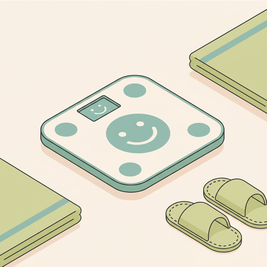 2D Vektor-Illustration einer digitalen Waage mit Smiley-Display, umgeben von Textilien und gemütlichen Hausschuhen in ruhigen Vegardians-Farben, Shred-Diät-Kontext