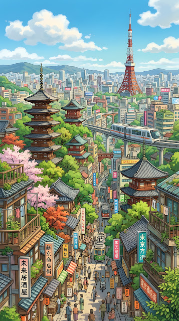 Futuristic Japanese Cityscape with Traditional Pagoda and Nature - Free mobile Wallpaper