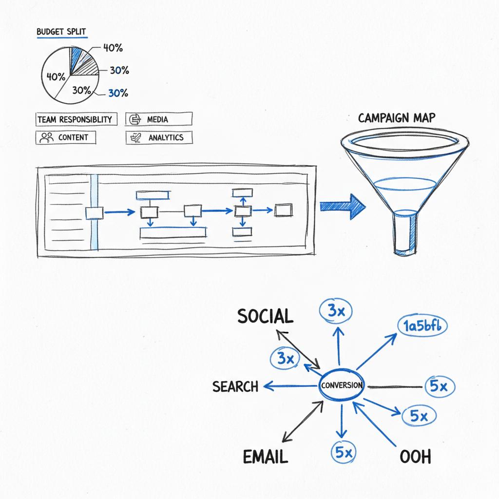 Close-up minimalist sketch of a multi-channel map on white paper showing social, search, email and OOH branches with numbered exposures and arrows &mdash; 3 7 27 rule of branding
