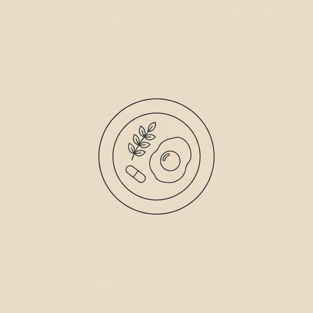 Minimal Tonum-style line illustration of a plate with an egg, small capsule and gymnema sprig on beige background — best supplement for food cravings