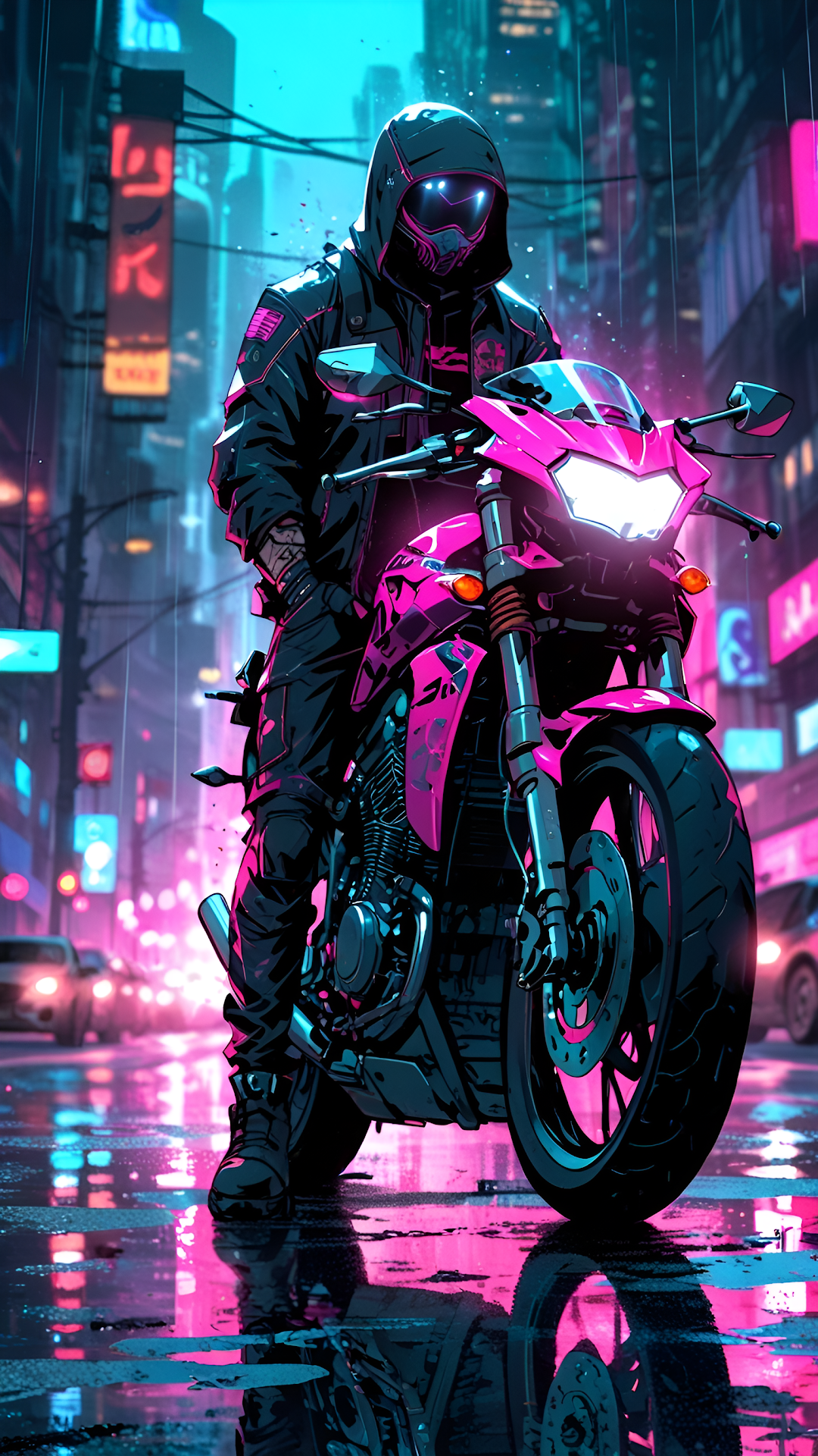Cyberpunk Rider on Neon Pink Motorcycle in Rain - Free 4K mobile Wallpaper