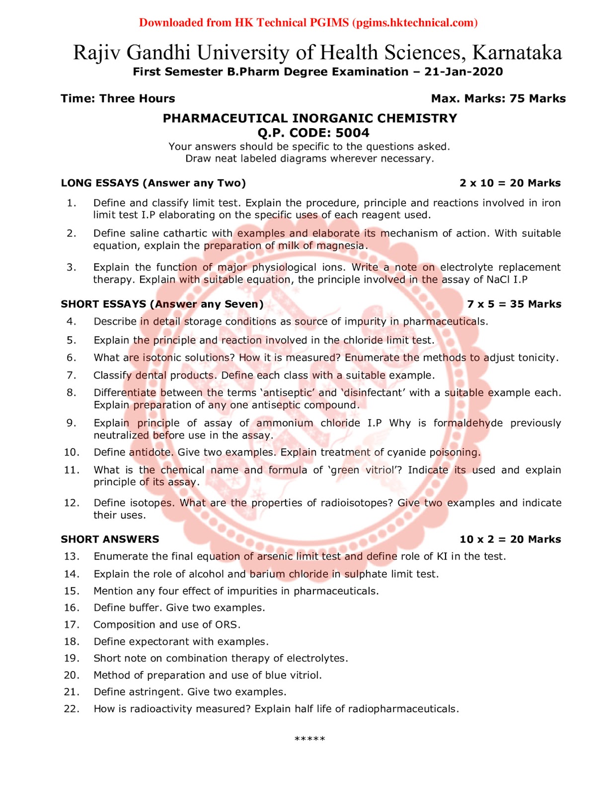 Inorganic chemistry RGUHS 1st Semester B.Pharmacy Previous Year's Question Paper,BP104T Pharmaceutical Inorganic Chemistry,