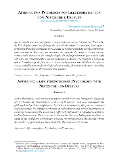 Artigo. Afirmar Uma Psicologia Fortalecedora Da Vida Com Nietzsche E Deleuze