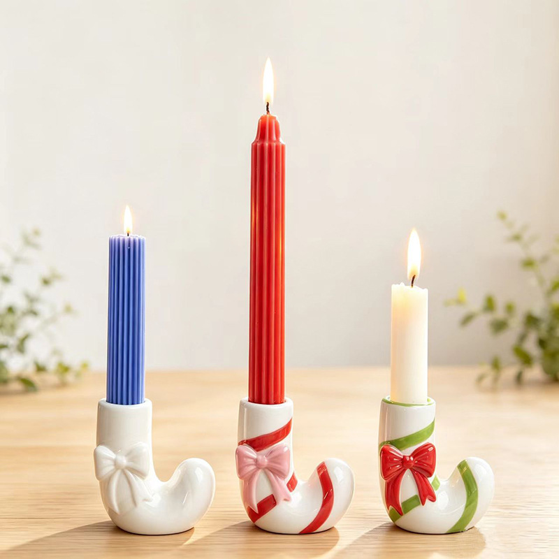 Ceramic Candle Holder in Candy Cane Design