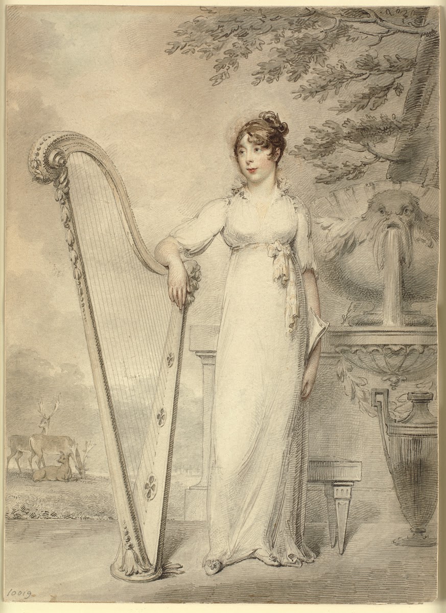 Full length portrait of Miss V Dupuis resting her arm on a harp In the backgroun