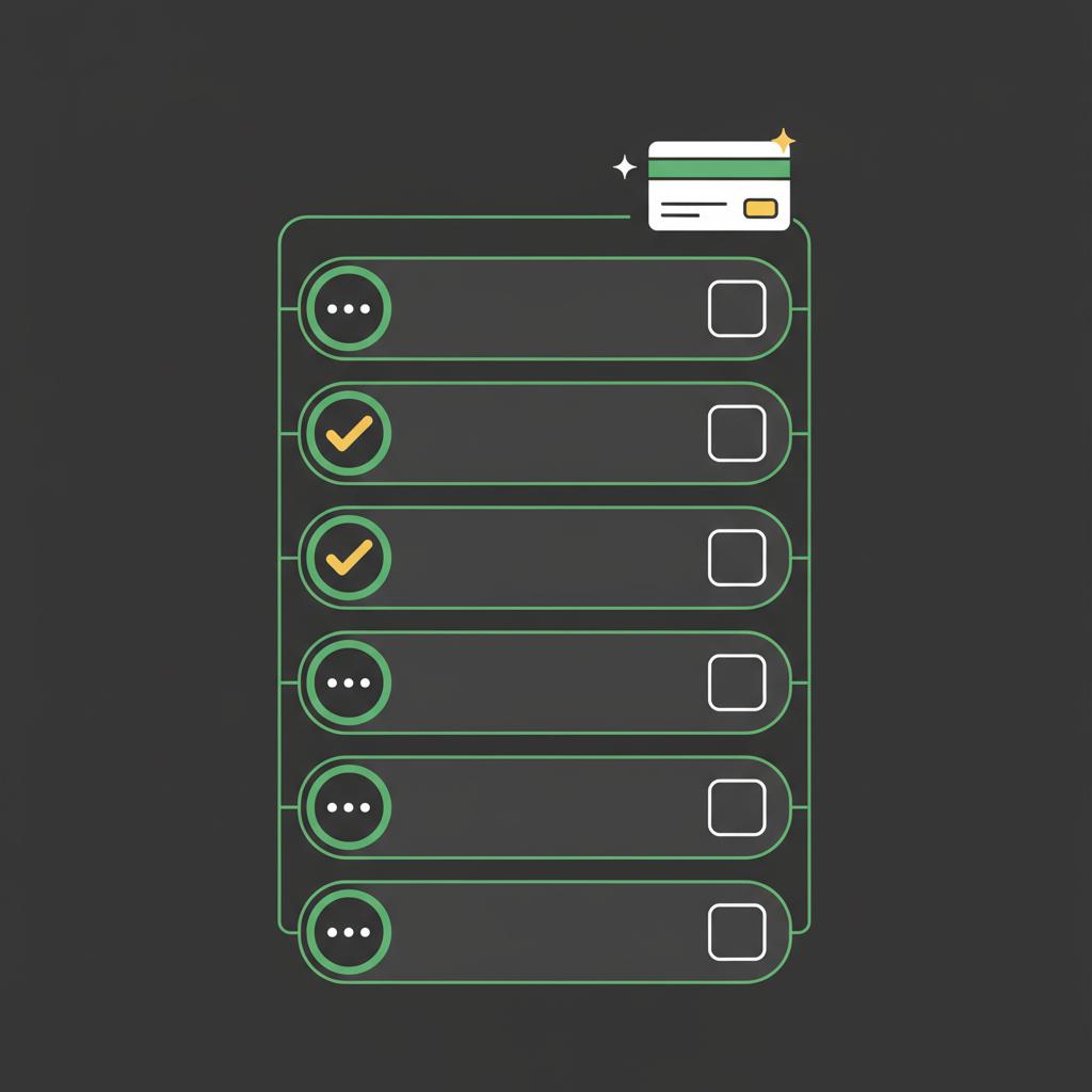 Minimalist vector checklist showing ordered steps with dot based badges check marks and a bank card on dark background how can i start investing in stocks