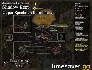 Annotated Shadow Keep Upper Specimen Storehouse map showing the route to Messmer's arena from the Dark Chamber Entrance Site of Grace
