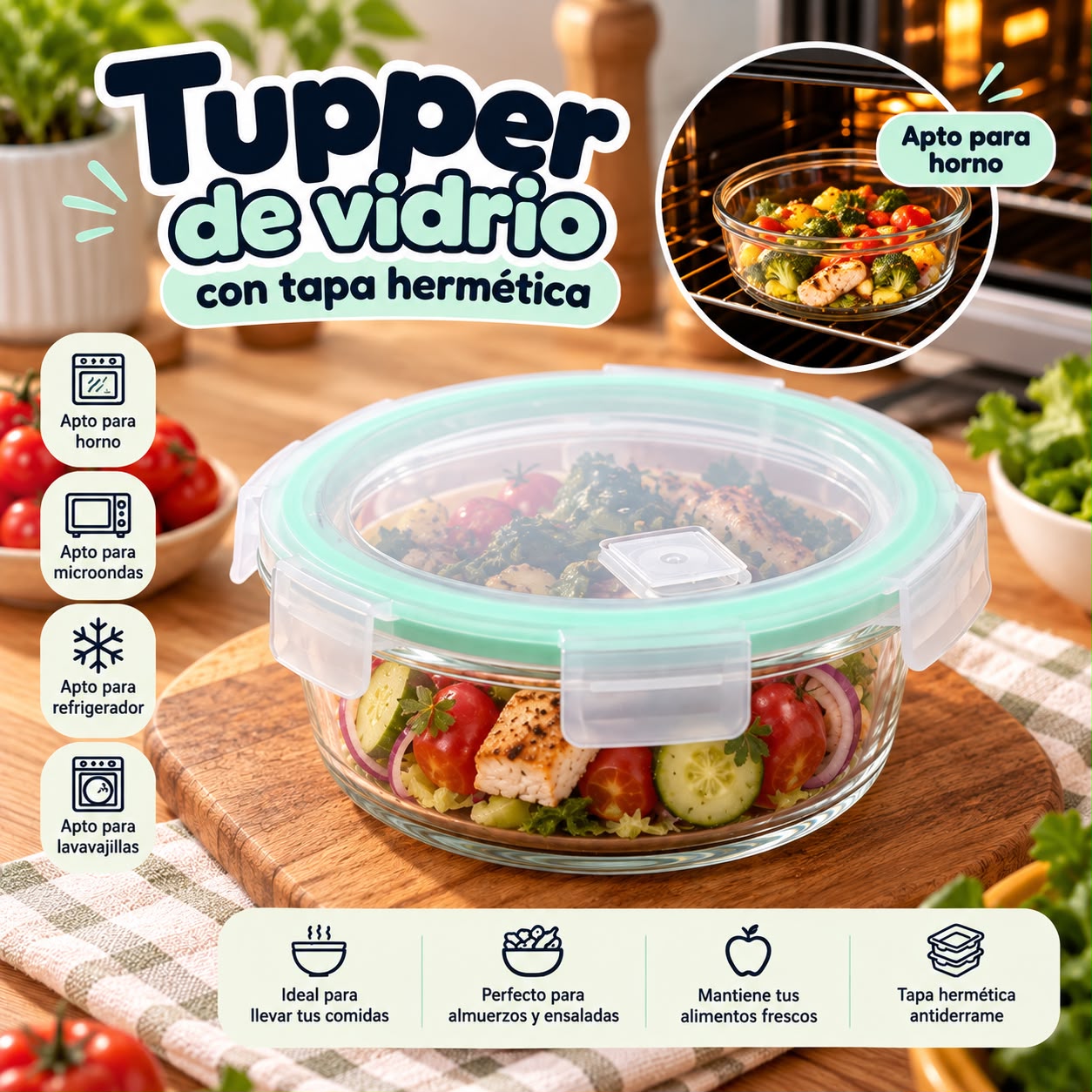 Tupper redondo de vidrio con tapa hermética 650 ml